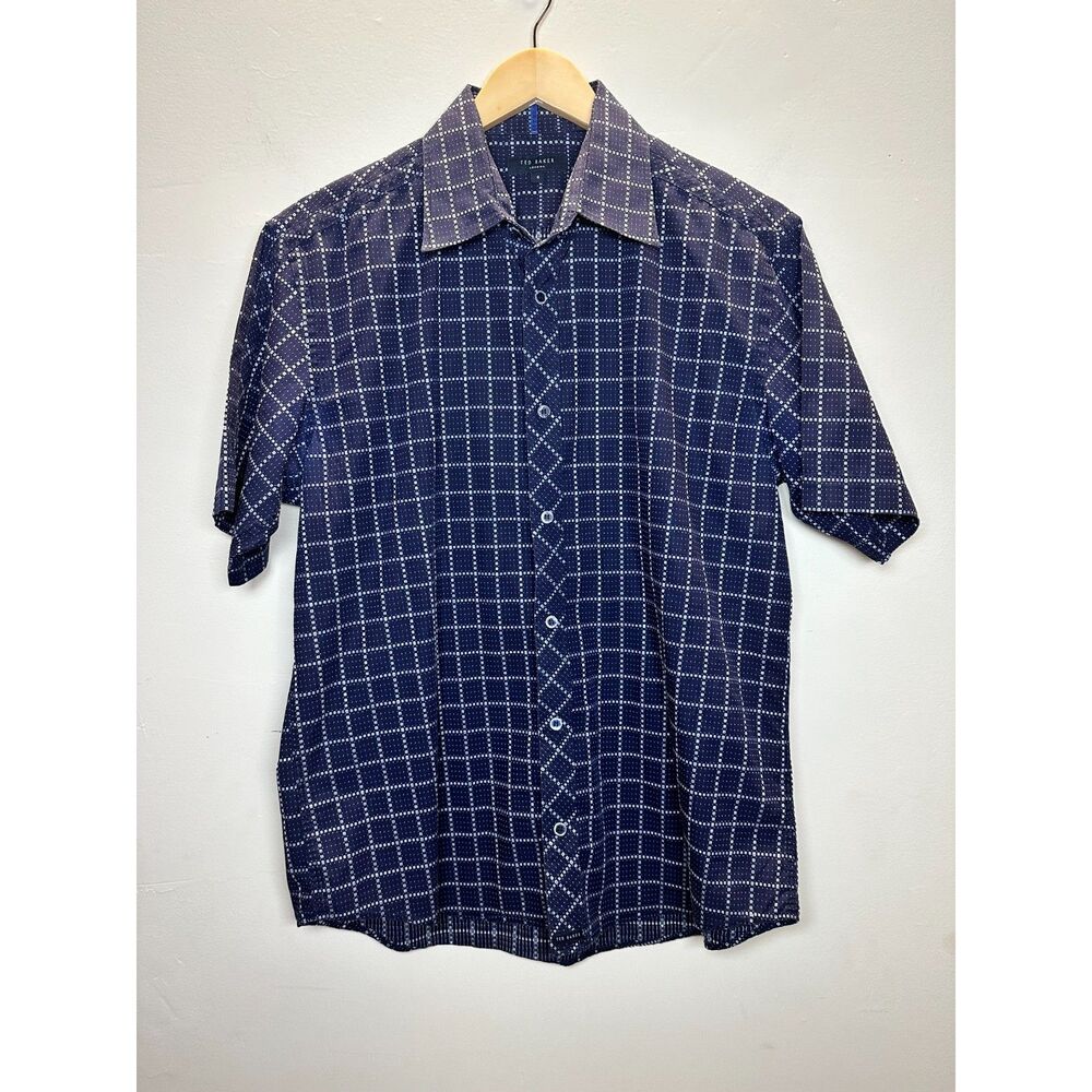 Ted Baker Men's Size 4 Navy Button Up Shirt Short Sleeve Checkered EUC